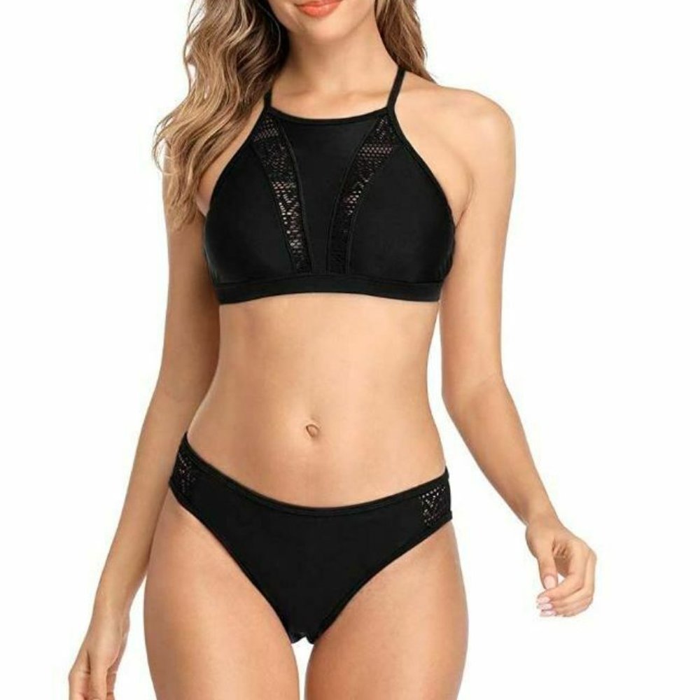 Black Crochet Halter Bikini 2-piece Swimsuit, L